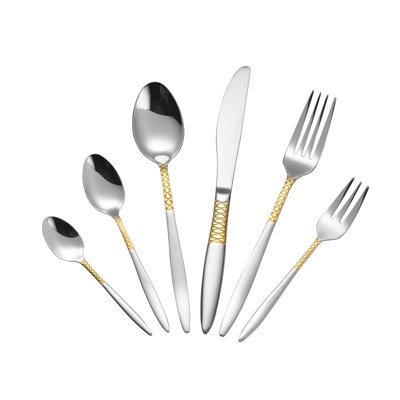 Lorren Home Trends 86 Piece 18/10 Stainless Steel and Gold Flatware Set, Service for 12, Chest included