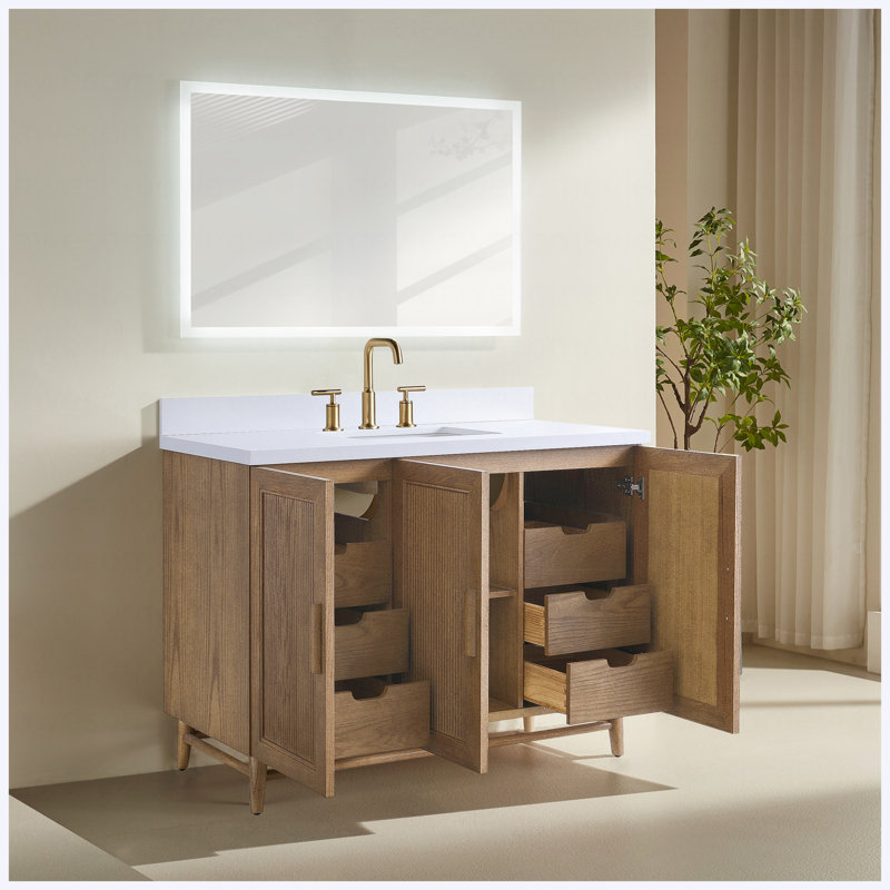 48" Fully Assembled Freestanding Single Sink Bathroom Vanity, Light Coffee Solid Wood Construction with Engineered White Countertop