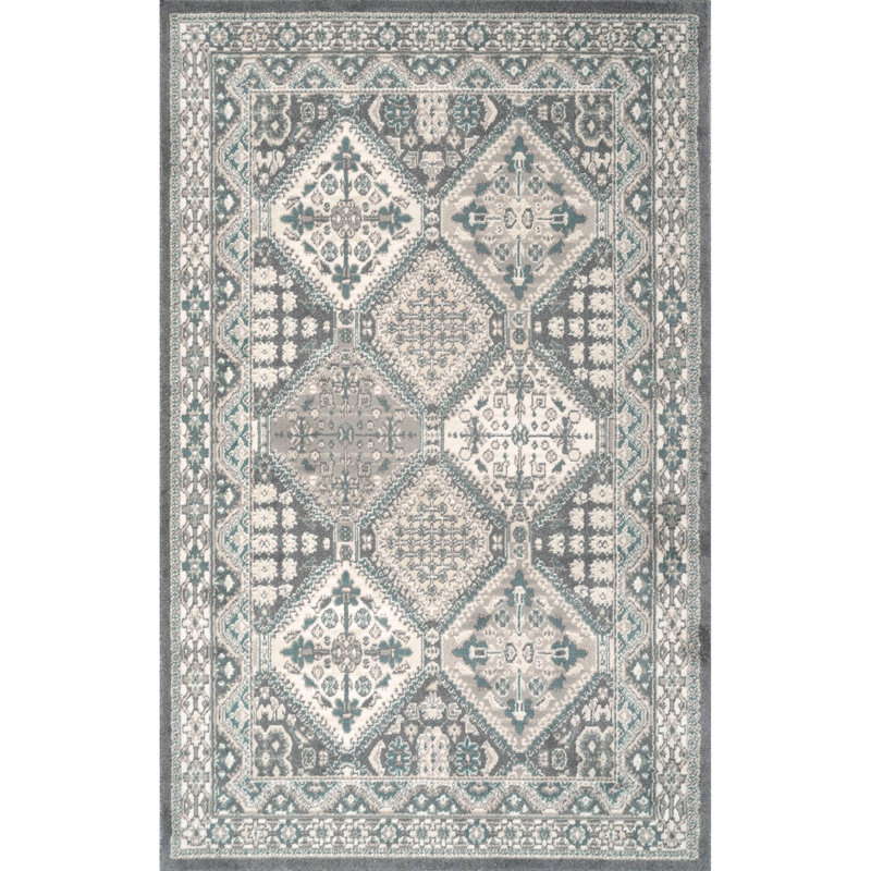 Tapis en tissu performance gris / bleu à motif carreauté traditionnel Joslyn, Rectangle 9 pi x 12 pi