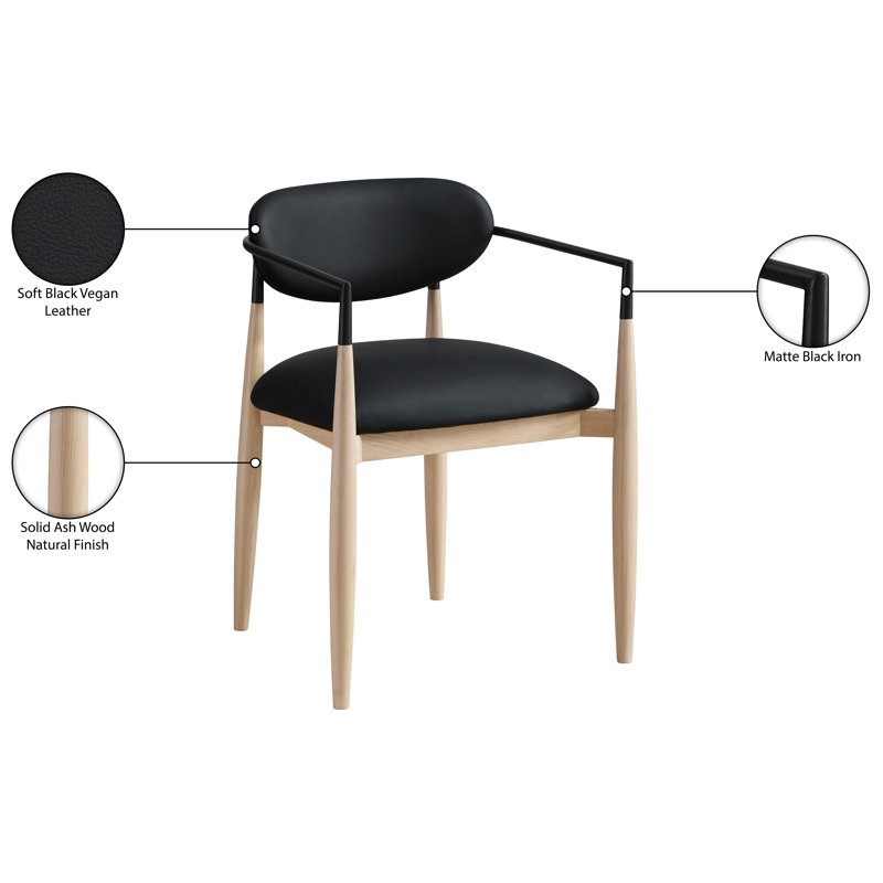 Riccio Vegan Leather Upholstered Dining Arm Chair, Stained Natural / Powder Coated Black, Black Vegan Leather