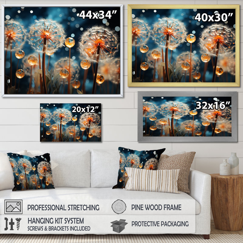 «Blue Dandelion Floral Symphony VII», reproduction sur toile, Cadre flottant doré, H 16 po x l 32 po x P 1 po