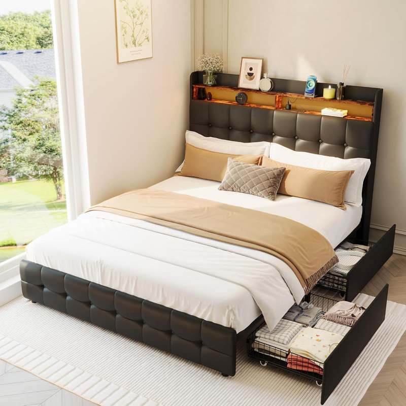 Queen/Full Upholstered Bed Frame with LED Lights, Headboard & 2 Storage Drawers, Charging Socket & USB Ports, Soft Plush Fabric, Noise-Free