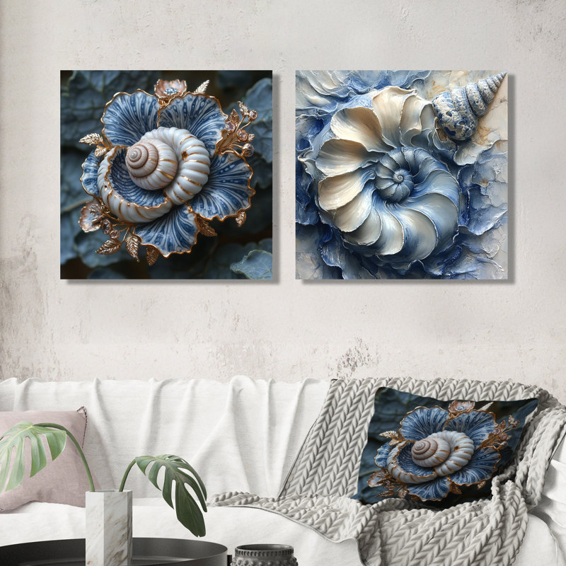 Coquillage moderne bleu et blanc Serenade I - art mural coquillage - ensemble de 2 décorations murales modernes, Toile tendue