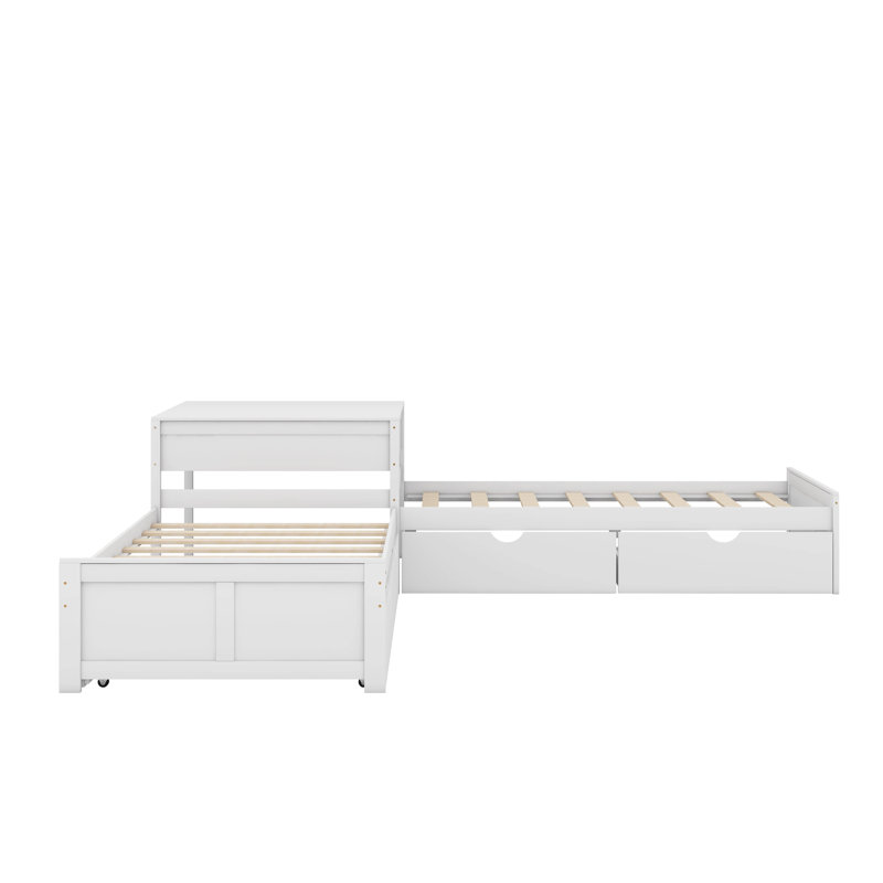 Lit plateforme simple en L avec lit gigogne, bureau et tiroirs, Blanc