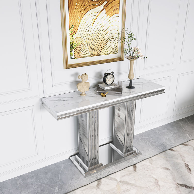 Rectangular Faux Marble Top Stainless Steel Base Console Table, Silver, White