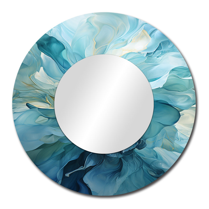 Aqua Blue And White Serenity Swirl IV - Abstract Spirals Round Mirror Wall Decor, 29 po x 29 po