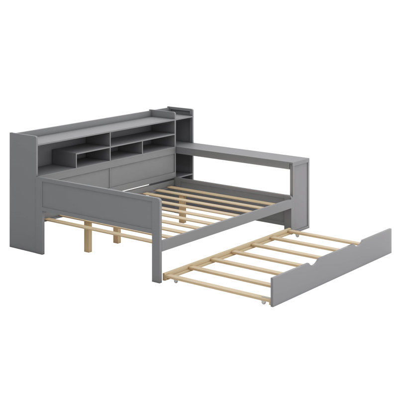 Lit de jour en bois Trundle - tablettes de rangement, bureau d'étude (conception multifonctionnelle), Complet/Double, Gris