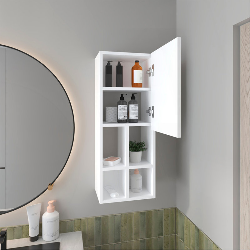 Armoire de salle de bain murale avec porte et 4 tablettes ouvertes, finition.
