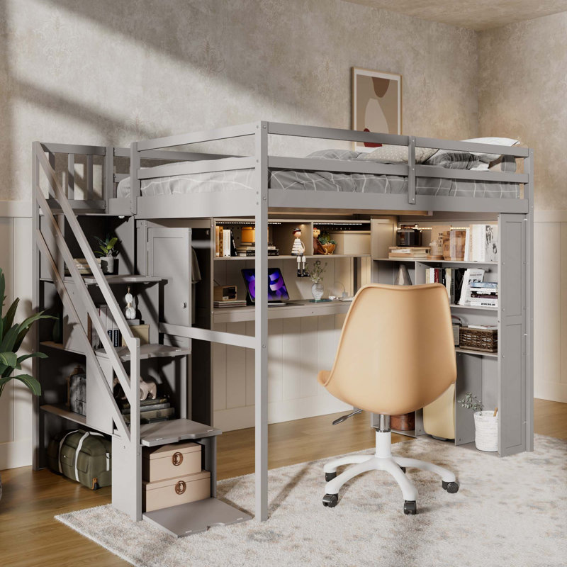 Structure de lit double mezzanine compacte avec garde-robe intégrée, bureau d'étude, tablettes de rangement et lumières, Grey