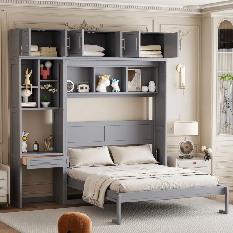 Lit escamotable mural avec bureau, armoire supérieure et tablettes de rangement, lit pliable peu encombrant, Grand lit, Gris