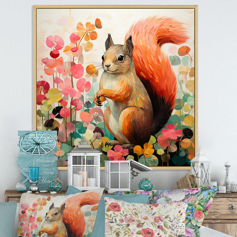 Écureuil rose et vert en fleurs II - écureuil, art mural, H 36 po x l 36 po x P 1,5 po, Cadre flottant brun