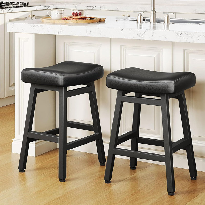Ensemble de 2 tabourets de bar à hauteur de comptoir avec sièges en cuir reconstitué et pieds en métal robustes, tous noirs