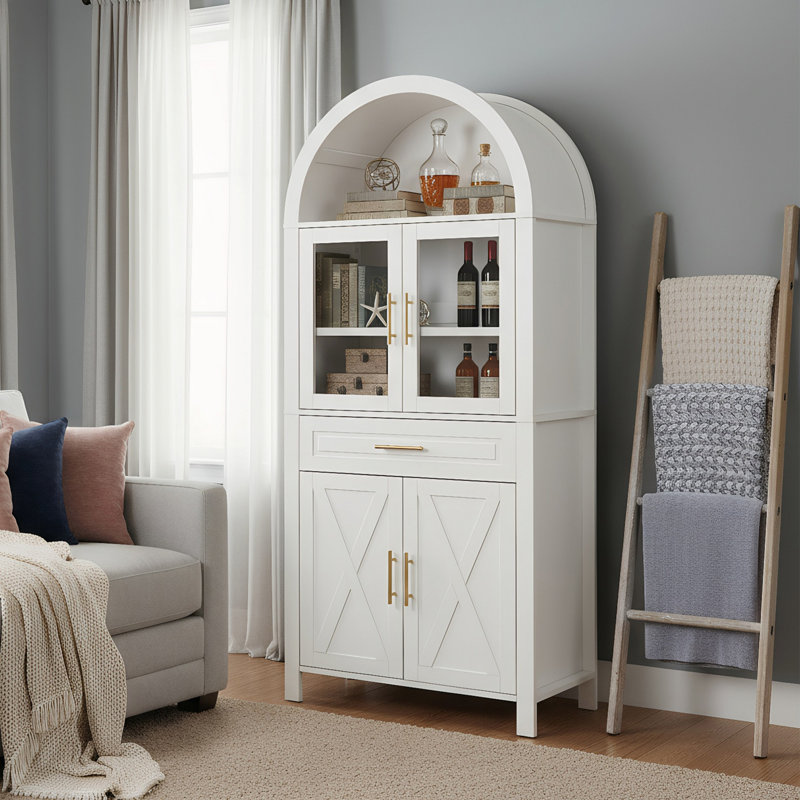 Garde-manger arqué avec porte vitrée, garde-manger avec tablettes réglables Farmhouse, Blanc