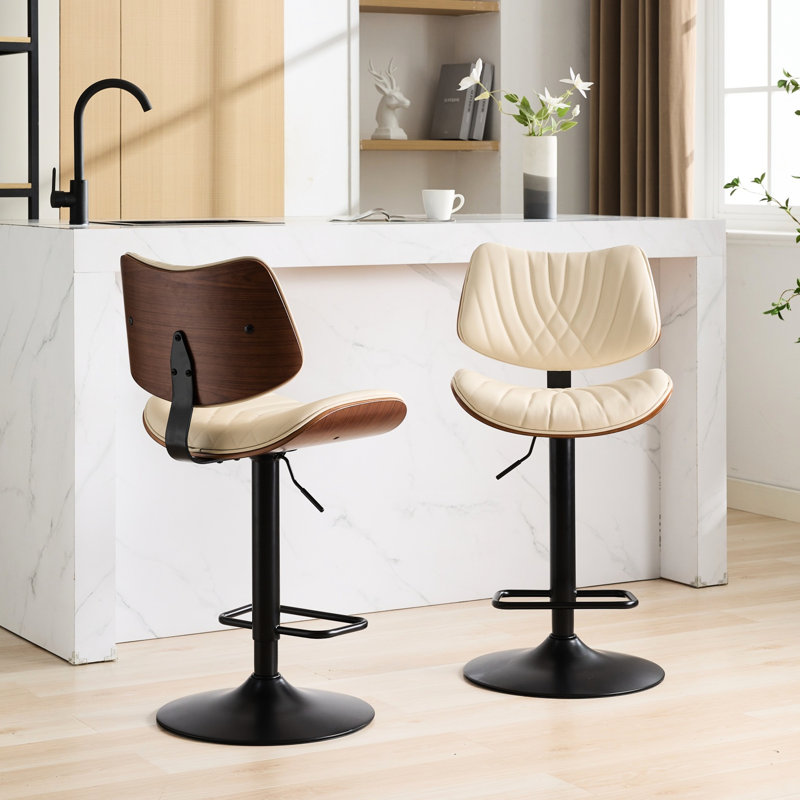 Tabourets de bar pivotants 360, siège en noyer et similicuir, hauteur réglable, ergonomique, pour îlot de cuisine / salle à manger / café, look Mid-Century, chaise beige, revêtement, salle à manger / café / cuisine à base stable
