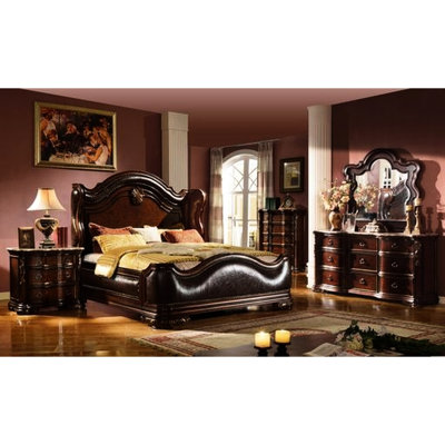 Chambre traditionnelle 5 pièces (taille Queen) en noyer foncé : tête de lit capitonnée, commode à 9 tiroirs, 3 tables de chevet, commode avec miroir intégré et plateau en marbre.