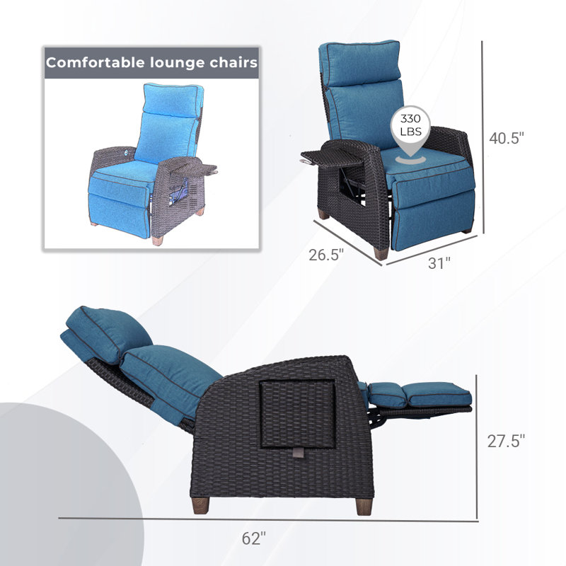 Moore Wicker Recliner Patio Chair with Cushions, Peacock Blue, Dark Brown