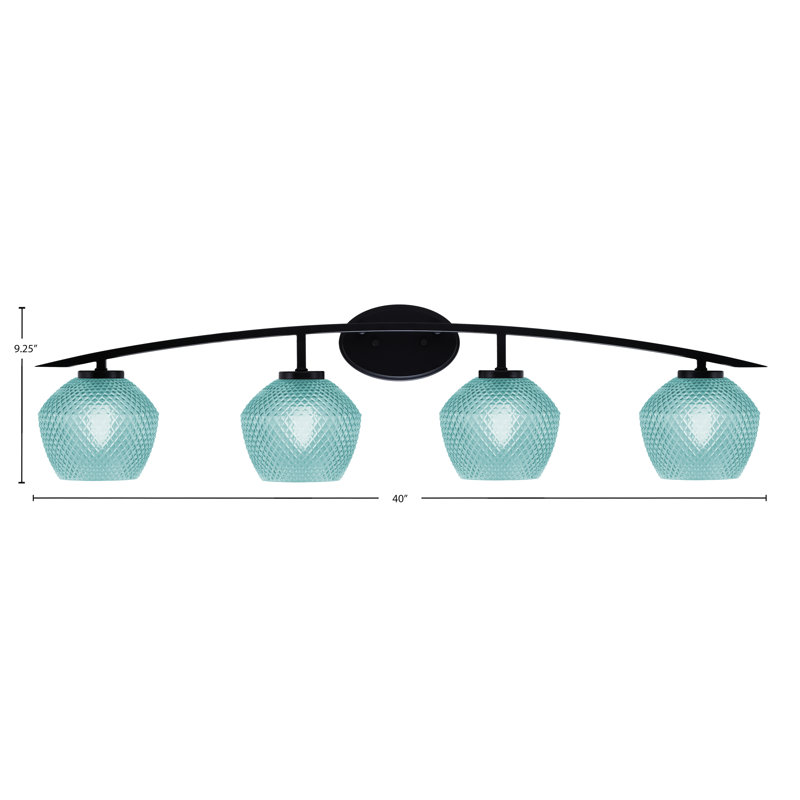 Barre d'éclairage de salle de bain 4 lumières avec verre texturé turquoise 6 po, Noir mat