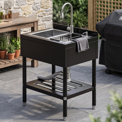 Évier utilitaire en acier inoxydable, 65,3 cm × 52,6 cm × 100,3 cm, bac à lessive autoportant pour cuisine, salle de bain, garage, sous-sol | Comprend la plomberie d'eau chaude/froide, les tuyaux et le nécessaire de vidange