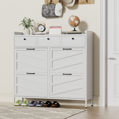 Metal Shoe Cabinet White - 4 Flip Drawers + 3 Drawers, Slim 11.8"D Freestanding Steel Shoe Organizer, Anti-Tip Hidden Entryway Shoe Rack