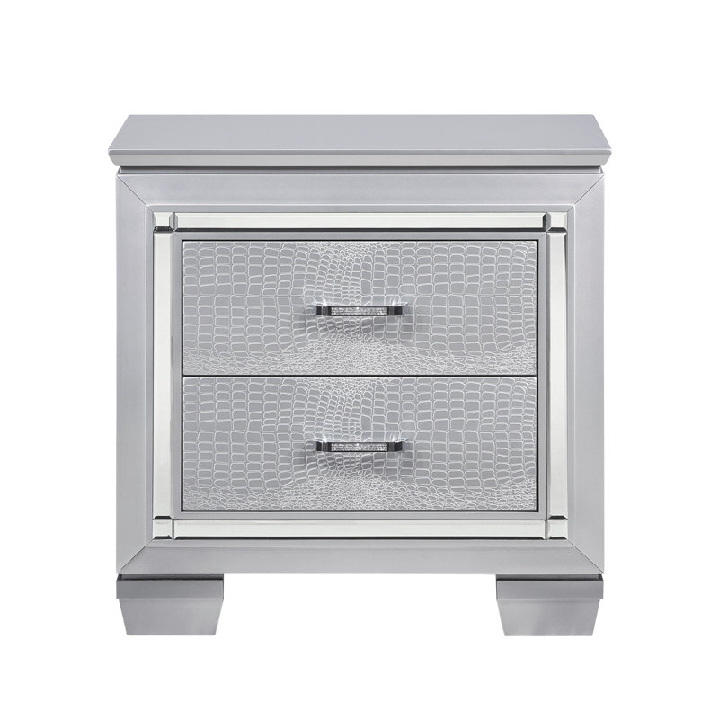 Glamourous table de chevet en argent avec 2 tiroirs et faux alligator moderne, Argent