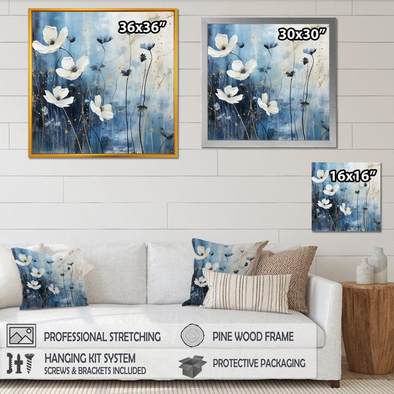 «White and Blue Fields of Wildflower Beauty» sur impression sur toile, H 30 po x l 30 po x P 1 po, Cadre simple blanc
