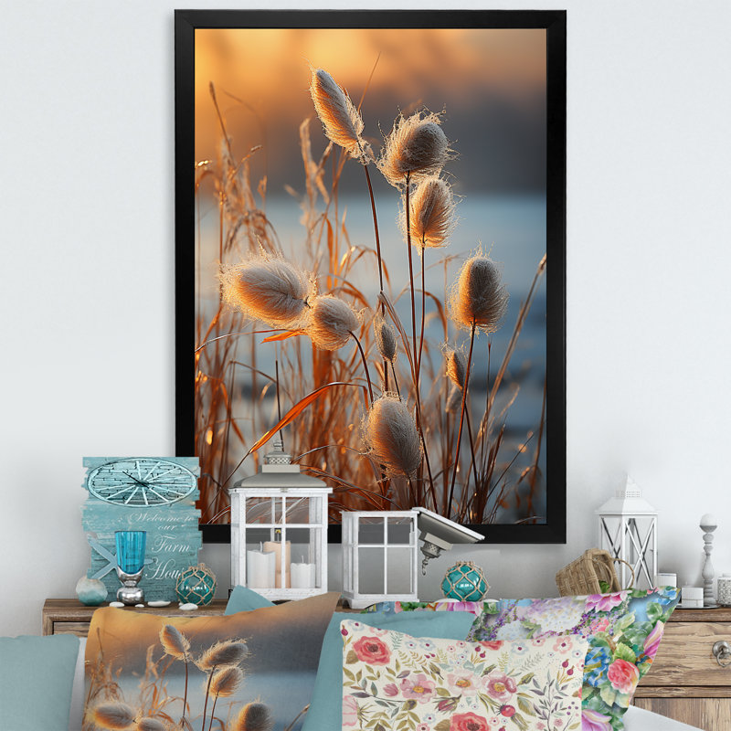 «Beachgrass Sunset Nature Herbs I», reproduction d'art sur toile, H 44 po x l 34 po x P 1,5 po, Cadre simple noir
