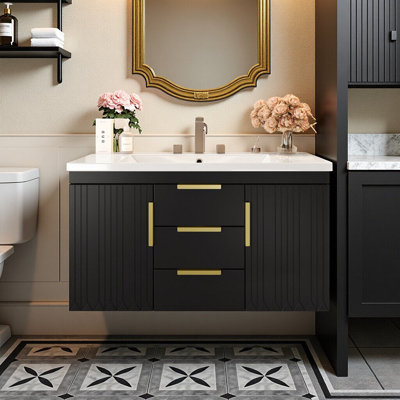 Meuble-lavabo mural 36 po avec lavabo en résine - Armoire de rangement flottante à 2 tiroirs, structure en bois massif - Finition moderne, peu encombrante, facile à nettoyer - sans pieds pour un entretien des planchers sans tracas