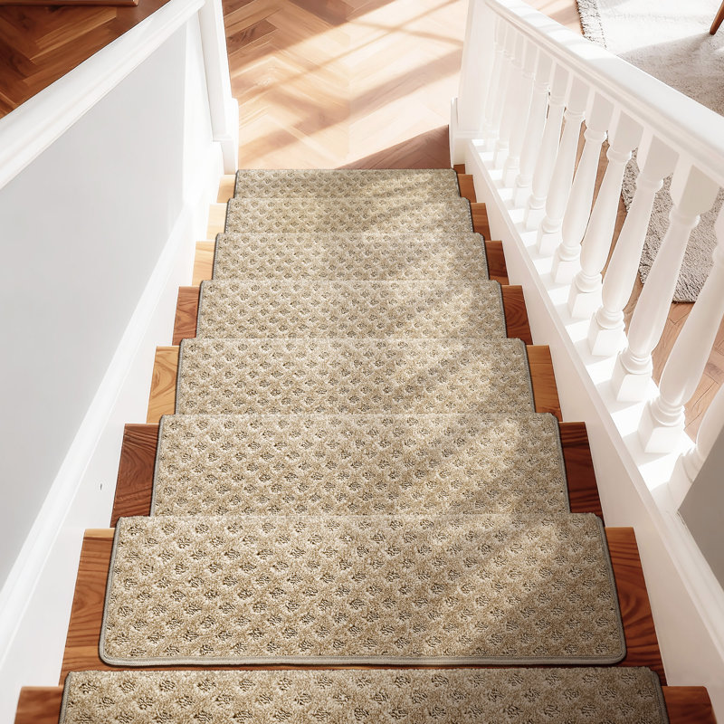 Tapis d'escalier bullnosé antidérapant (ensemble de 16), Mini treillis crème et gris diamant, 16