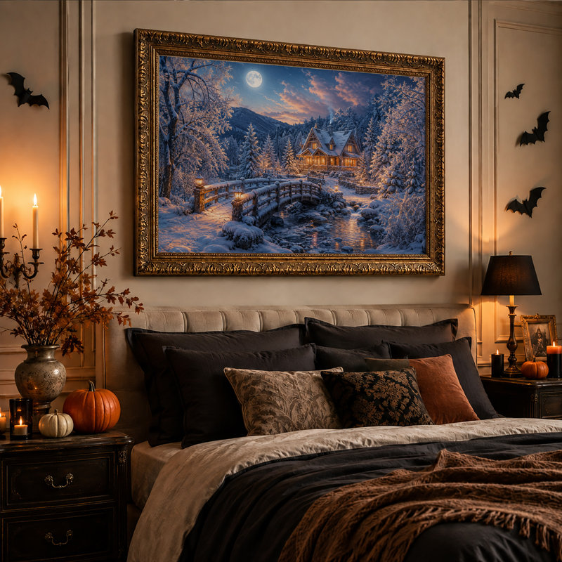 Cabane d'hiver avec fenêtres illuminées et pont en bois - Toile murale d'Halloween, 20"H x 30"W