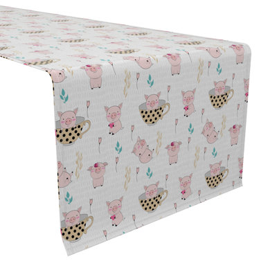 Table Runner, 100% Cotton, 16X72", Pigs In Tea Cups