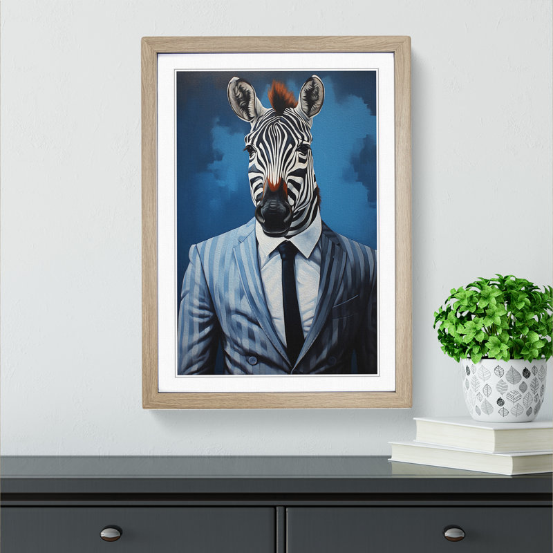 Zebra In A Suit Painting - Single Picture Frame Print on Wood, 46cm H x 34cm W x 2cm D, Oak