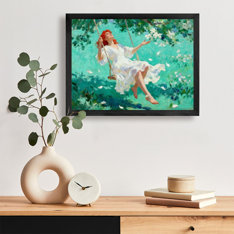 Art encadré noir, «The Lady in a White Dress on the Flower Tree Swing», impression impressionniste encadrée, H 9 po x l 11 po