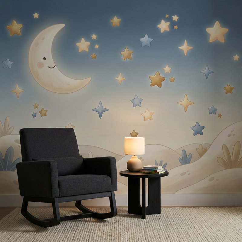 Papier peint lune avec étoiles, 100 po x 96 po, Peler et coller