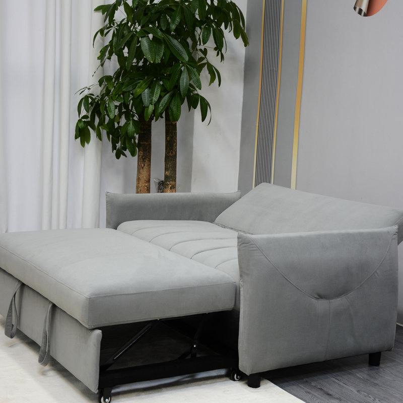 Lit en velours gris avec dispositif coulissant, 2 poches latérales et coussins, dossier réglable pour le salon, canapé-lit convertible, tissu, surface, véranda