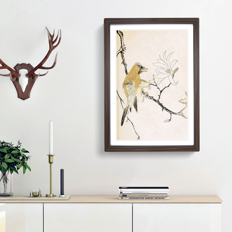 Bird upon a Tree Branch - Picture Frame Painting Print, 36cm H x 27cm W x 2cm D, Walnut Framed