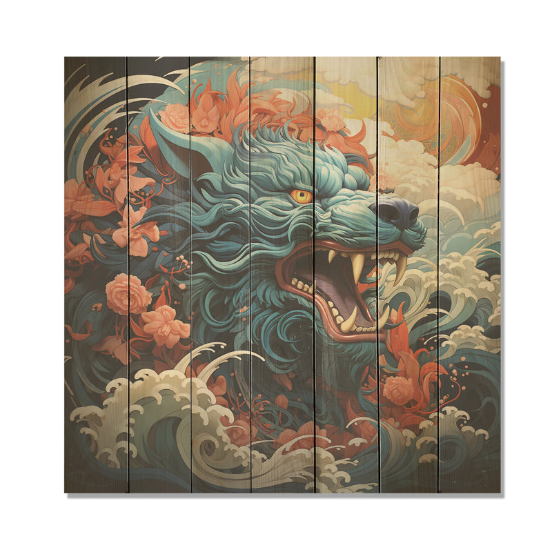 Dragon japonais sur la vague au large de Kanagawa IV - Dragons sur bois, H 30 po x l 30 po
