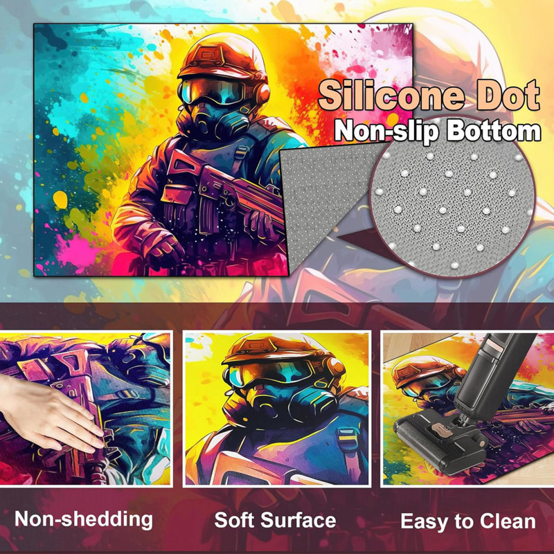 79" X 59" Bright Graffiti Shooting Battle Game Rug - Colorful Bomb War Design, Polyester Non-Slip Gaming Carpet For Bedroom Playroom
