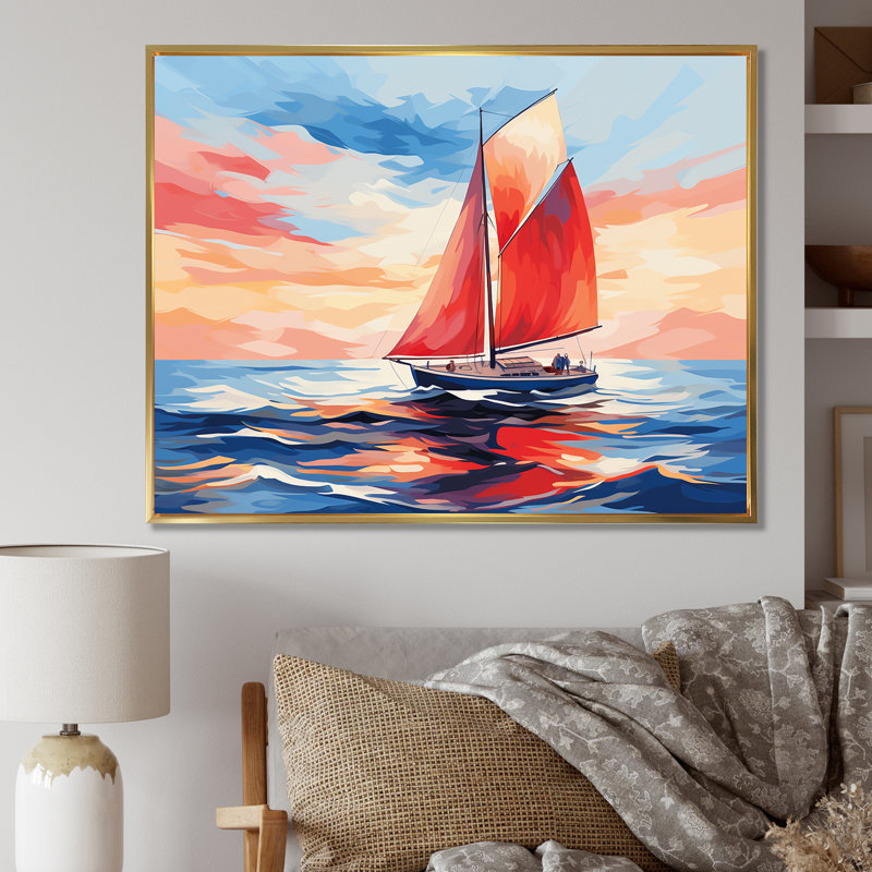 Coucher de soleil sur un bateau à voile I - Bateau, art mural, Cadre flottant doré, H 12 po x l 20 po x P 1 po