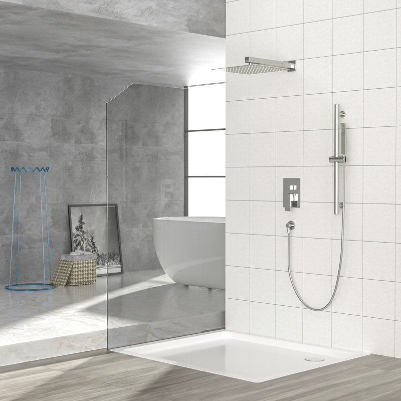 12 Inch Square Shower System Brushed Nickel - Adjustable Slide Bar, -balanced Valve & Handheld Unit With Part