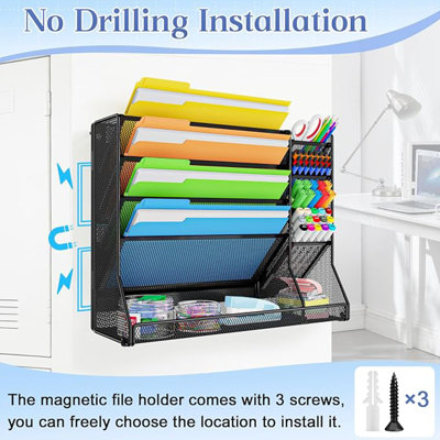 5-Tier Magnetic File Organizer R-Shaped Base Wall Hanging Black | Magnetic file holder for refrigerator, 5-tier wall mount file organizer, paper holder for file cabinet, cubicle organization