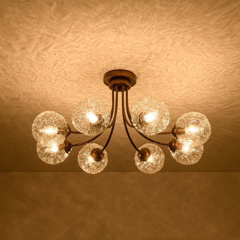 Mid-century 8-light Water Patternede Glass Semi-flush Mount, Oil-rubbed Bronze