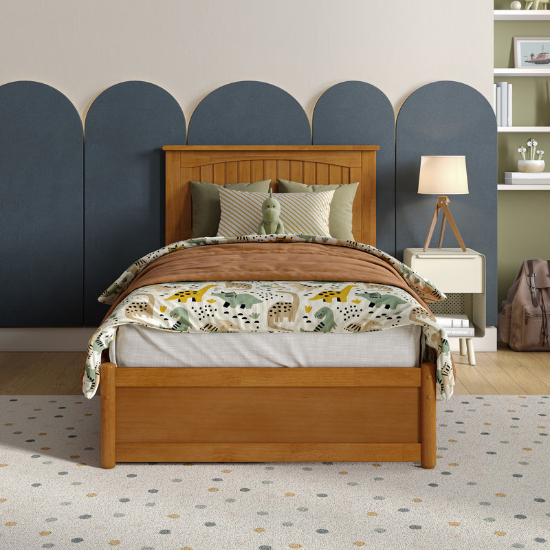 Lamaiyah Solid Wood Platform Bed with Footboard and Storage Drawers, Twin, Light Toffee