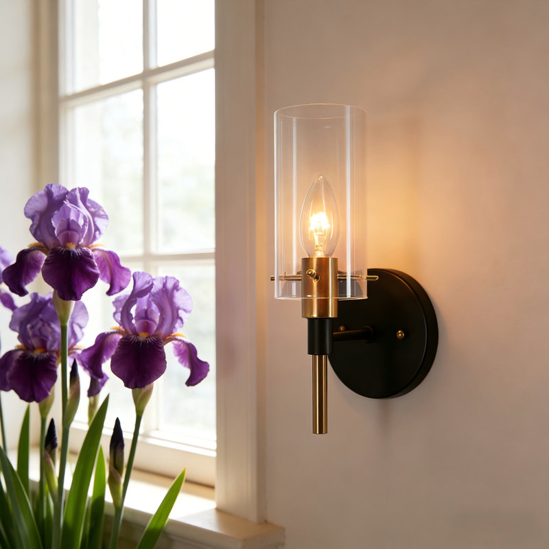  1 - Light Dimmable Black/Brass Armed Sconce, Cylinder