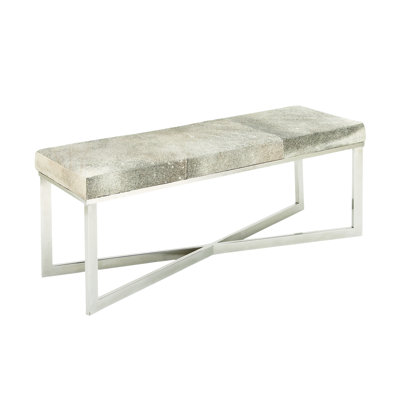 Leather Handmade Cowhide Home Bench with Silver Metal Base