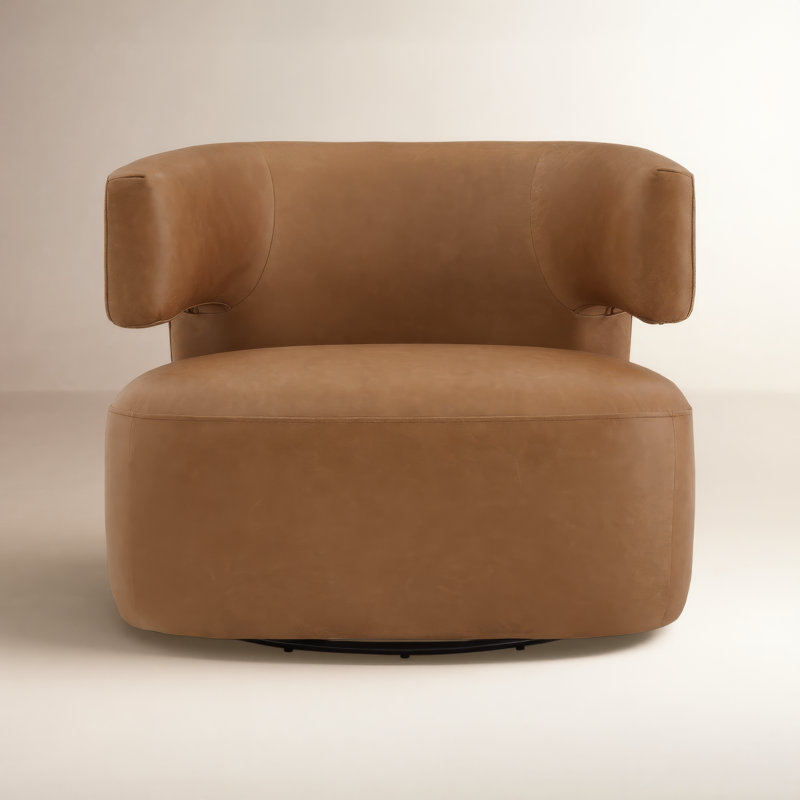 Bascom Genuine Leather Upholstered Swivel Barrel Chair, Marseille Brown