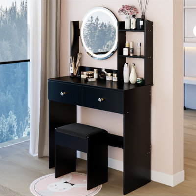 Table de coiffeuse à DEL ronde 17 po avec tabouret, luminosité réglable en miroir à 3 couleurs, grand rangement multi-couches pour bureau, convient aux petits espaces, concept de style américain, mobilier noir