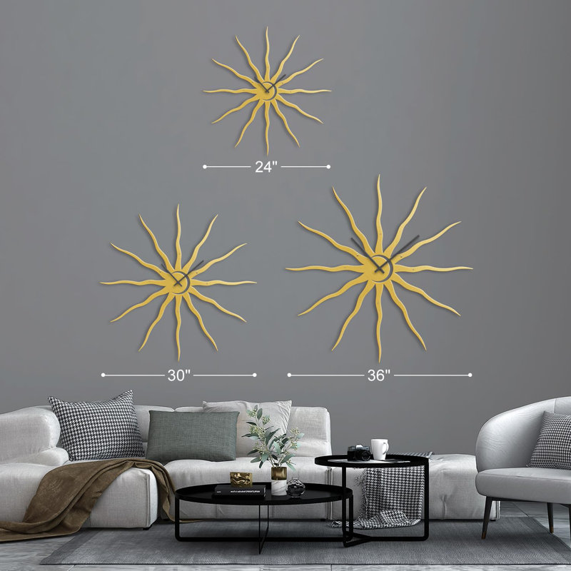 Grande horloge murale en métal Lune et soleil sculpture murale suspensions silencieuses Home Decor Living, Or