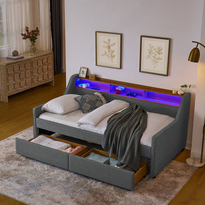 Canapé-lit simple rembourré avec trois lumières DEL, tête de lit réglable avec rangement, deux tiroirs de rangement et chargement sans fil, cadre de canapé-lit rembourré en lin, gris
