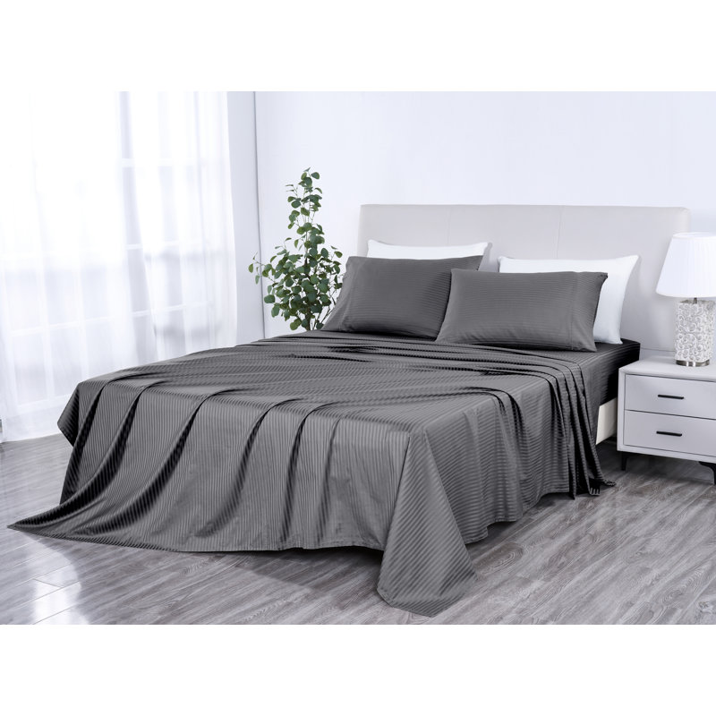 Bibb Home 1000 Thread Count Stripe Sheet Set - 100% Egyptian Cotton, Grey, Queen