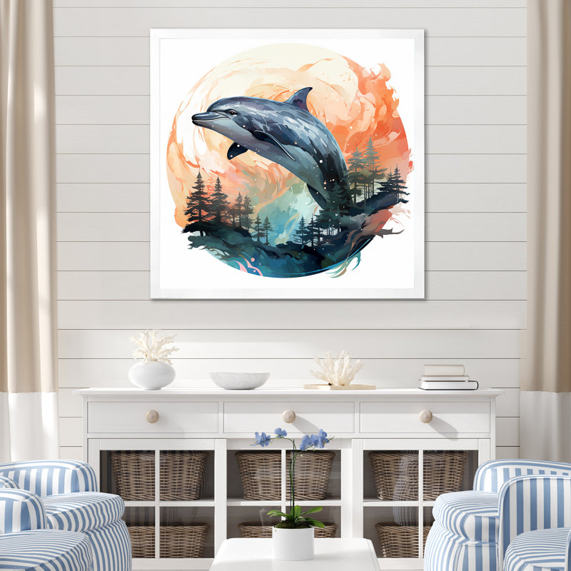 Forêt, forêt, dégradé, dauphin, animaux, art mural, H 36 po x l 36 po x P 1,5 po, Cadre flottant blanc
